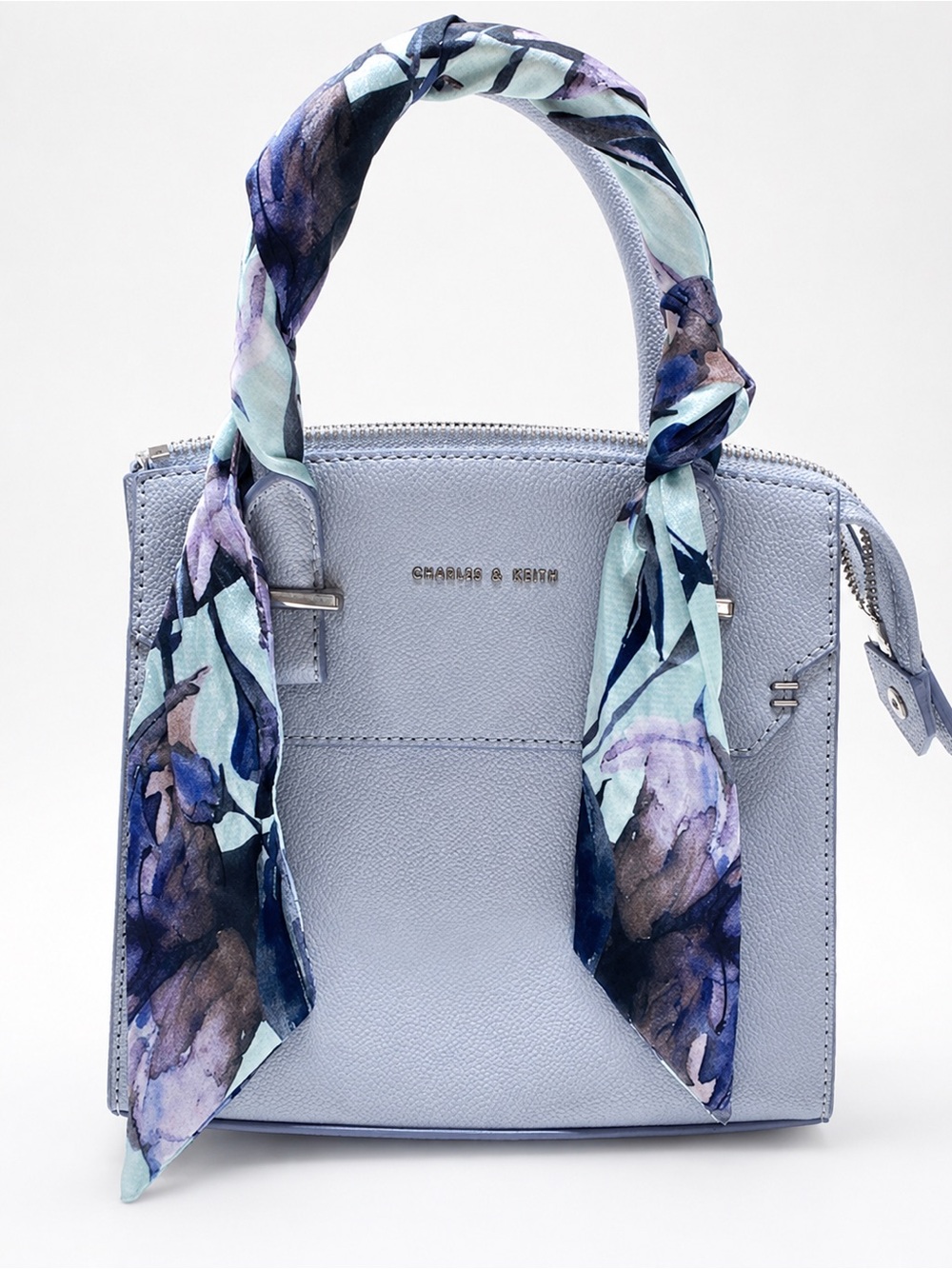 Charles & Keith Dusty Lavender Top-Handle Satchel with Floral Scarf